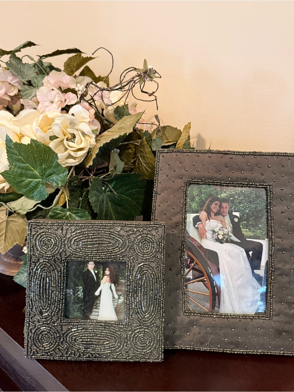 Pottery Barn Vintage Olive Silk Beaded Photo Frames Set/2